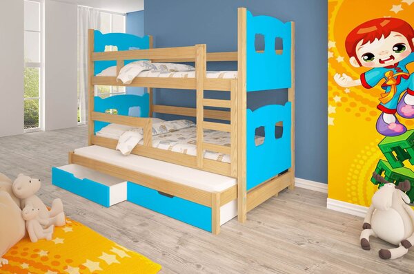 Dětská patrová postel pro tři KALA 1 - 75x180, borovice / modrá