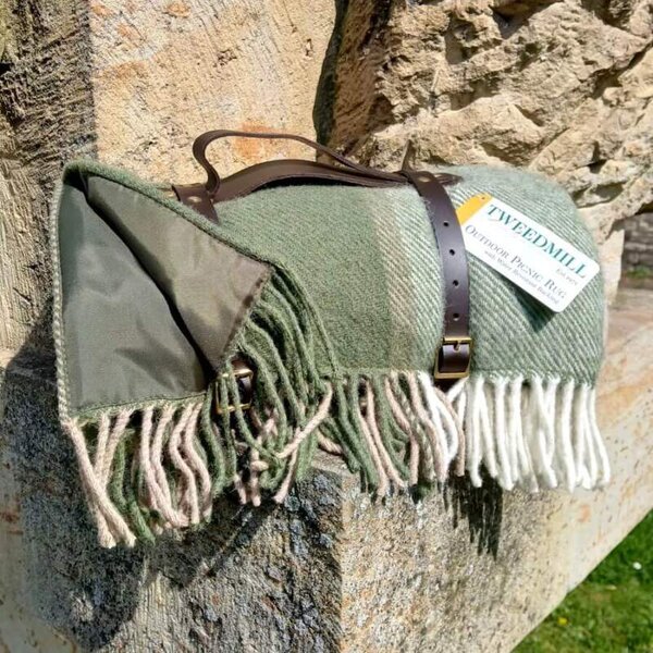 Pikniková vlněná deka Polo Block Check Olive, kožené popruhy, 183x150 cm Tweedmill