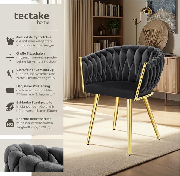 Tectake® Set jídelní židle Astano čalouněná, se sametovým potahem, pletený vzor 60,5 x 55 x 75 cm