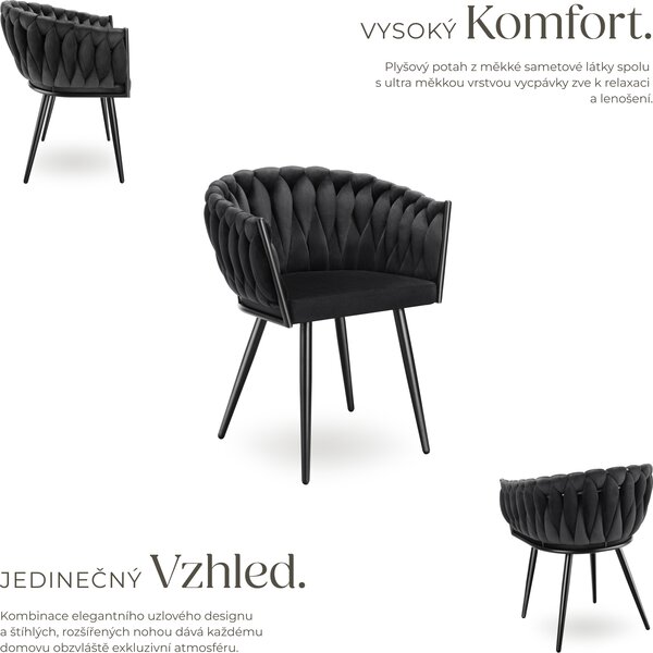 Tectake® Set jídelní židle Astano čalouněná, se sametovým potahem, pletený vzor 60,5 x 55 x 75 cm