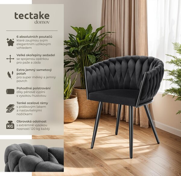 Tectake® Set jídelní židle Astano čalouněná, se sametovým potahem, pletený vzor 60,5 x 55 x 75 cm