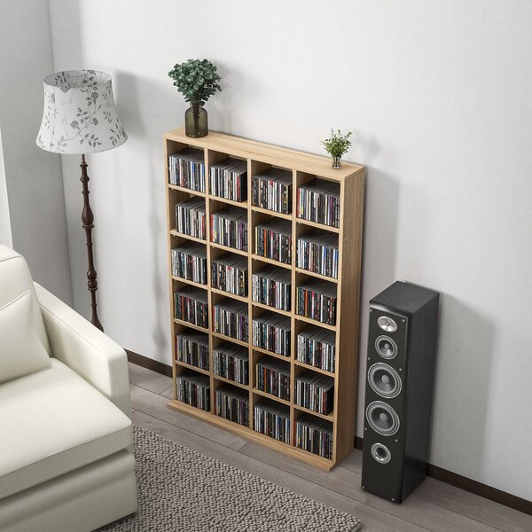 HOMCOM úložný prostor na CD a DVD, multimediální regál s 24 oddíly, maximální kapacita 480 CD/312 DVD, dřevěný regál s nastavitelnými policemi, 89 x 2