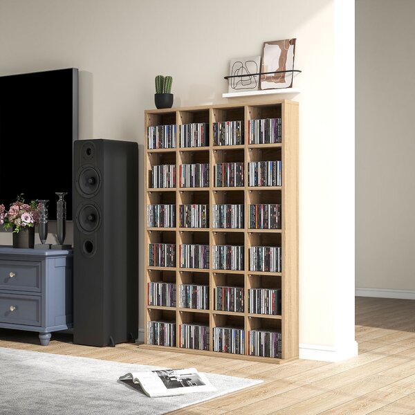 HOMCOM úložný prostor na CD a DVD, multimediální regál s 24 oddíly, maximální kapacita 480 CD/312 DVD, dřevěný regál s nastavitelnými policemi, 89 x 2