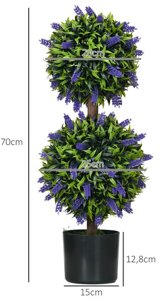 HOMCOM 2-dílná sada umělých levandulových stromů, velký 70 cm umělý rostlina, plastové umělé rostliny v květináči, UV-odolné umělé květiny se 2 koulem