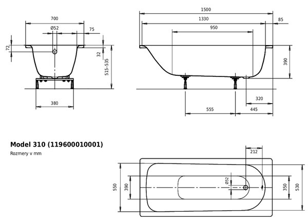 Kaldewei Eurowa - Vana 1500x700 mm, alpská bílá119600010001
