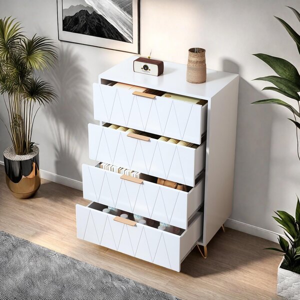 UnboxG Bílá komoda 60×34×90 cm – 4 zásuvky, úložná skříň, úložný prostor do ložnice, obývacího pokoje nebo kanceláře