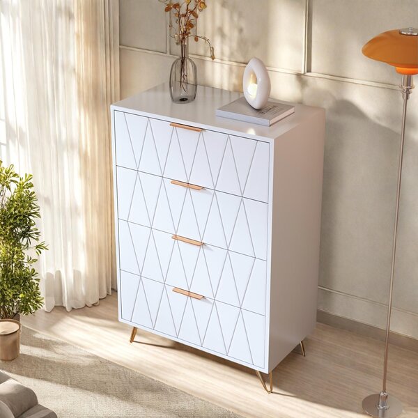 UnboxG Bílá komoda 60×34×90 cm – 4 zásuvky, úložná skříň, úložný prostor do ložnice, obývacího pokoje nebo kanceláře