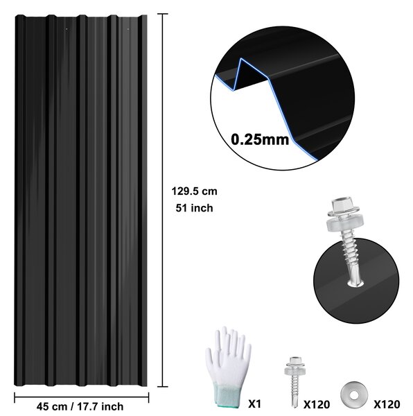 UISEBRT 24x střešní panely z trapézového plechu pro 14 m², profilovaný ocelový plech pro přístřešky pro auta, přístřešky a střechy, střešní plech z vlnitého profilu - černý