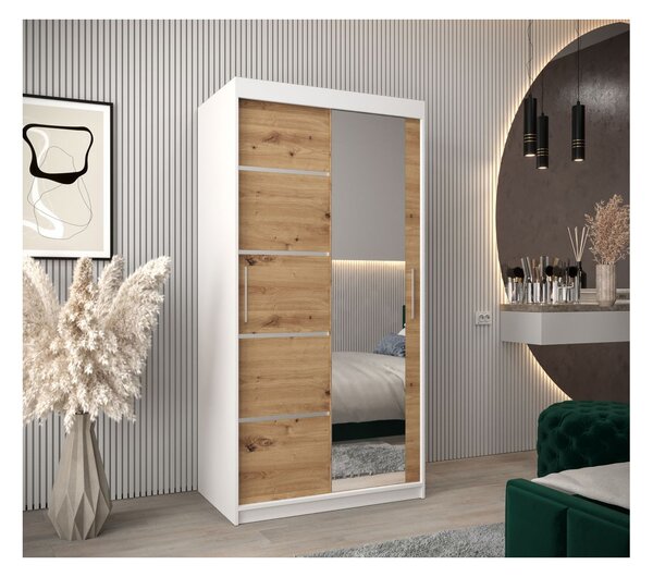 Šatní zrcadlová skříň ADELA - 100 cm, bílá / dub artisan