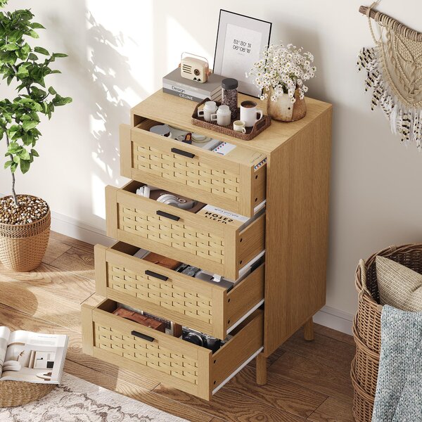UnboxG Komoda / úložný skříň se 4 zásuvkami, bambusový vzhled, stabilní a odolná, univerzální použití do ložnice, obývacího pokoje nebo chodby, 55 × 39,8 × 95 cm