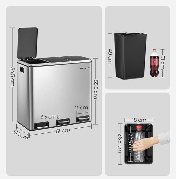 Koš na separování odpadu SORT 54l (3x18 l), stříbrná SongmicsHome