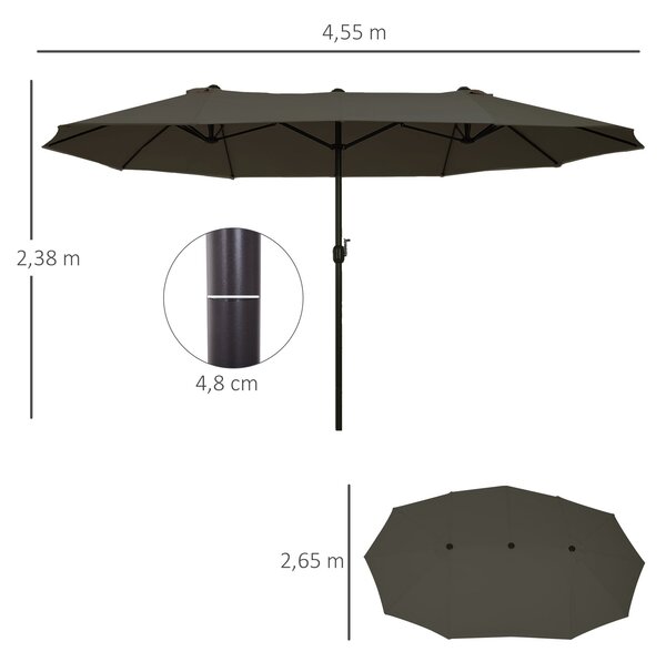 Outsunny Dvojitý Slunečník 455 x 265 cm, UV Ochrana Slunečníku s Ručním Kolečkem, Slunečník na Balkon, Plážový Slunečník Odolný proti Větru, Ochrana p