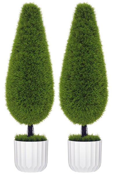 HOMCOM Sada 2 Umělých Cypřišů 90 cm, Faux Strom s UV Ochrannou, Umělá Rostlina, Plastové Umělé Rostliny v Květináči, Falešná Rostlina, která vypadá ja
