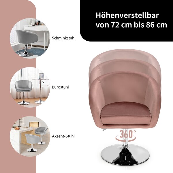 Výškově nastavitelná akcentní židle COSTWAY, čalouněná židle otočná o 360°, jídelní židle do 120 kg, sametová otočná židle (růžová)