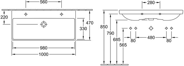 Villeroy & Boch Avento umyvadlo 100x47 cm obdélníkový klasický-nábytkový bílá lesk 4156A401