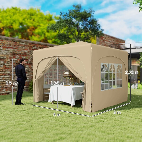 Outsunny Pavilon 3x3m, Voděodolný Stabilní Zimní Skládací Pavilon, UV Ochrana 50+, Skládací Party Stan se 4 Bočními Panely a Taškou pro Camping do Zah