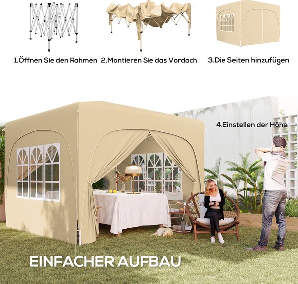 Outsunny Pavilon 3x3m, Voděodolný Stabilní Zimní Skládací Pavilon, UV Ochrana 50+, Skládací Party Stan se 4 Bočními Panely a Taškou pro Camping do Zah