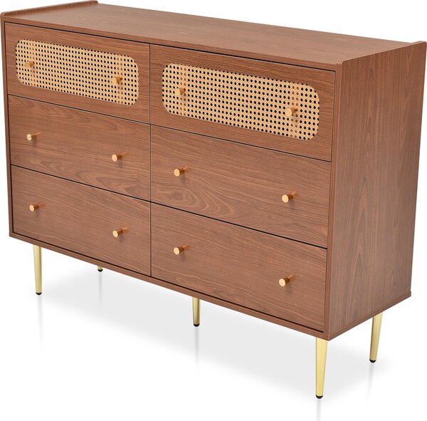 Sweiko komoda Komoda se 6 zásuvkami, ratanový příborník do ložnice a všech obývacích pokojů, ořech -H90/B120/T40 cm