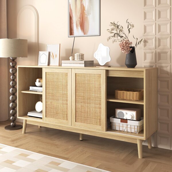 Příborník Sweiko se 3 posuvnými dveřmi z pravého ratanu a 2 zásuvkami, 155x38x80 cm, prodyšný, stabilní a všestranný