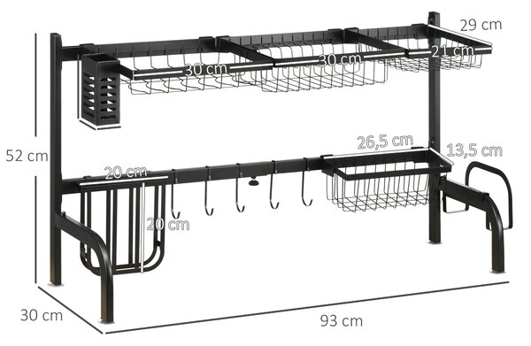 HOMCOM Sušák na nádobí, dvouúrovňový stojan na sušení nádobí, 51-93 cm s háčky, odkapávač pro kuchyňský dřez, nerezová ocel, černý | Aosom
