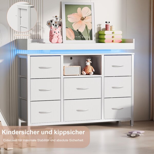 Komoda UnboxG ADB-172 v bílé barvě s 8 látkovými zásuvkami, LED osvětlením s měnícími se barvami a integrovanými zásuvkami, moderní úložná skříň do ložnice a obývacího pokoje