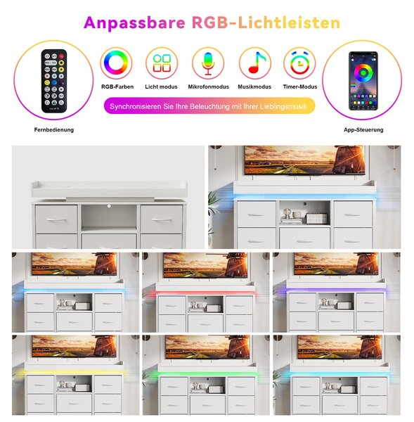 Komoda UnboxG ADB-172 v bílé barvě s 8 látkovými zásuvkami, LED osvětlením s měnícími se barvami a integrovanými zásuvkami, moderní úložná skříň do ložnice a obývacího pokoje