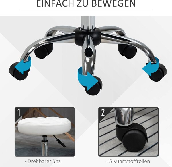 Vinsetto Rolling Stool - výškově nastavitelný pracovní stůl, otočný salónní stůl pro kancelář, masáže, umělá kůže, bílý Ø35,5 x 51-67 cm | Aosom