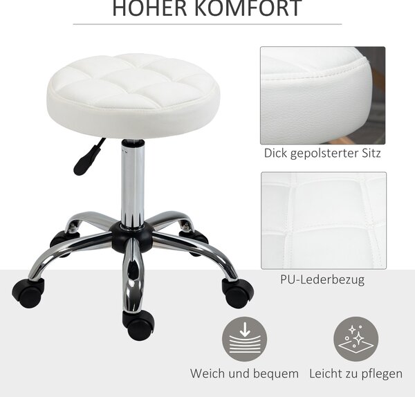 Vinsetto Rolling Stool - výškově nastavitelný pracovní stůl, otočný salónní stůl pro kancelář, masáže, umělá kůže, bílý Ø35,5 x 51-67 cm | Aosom