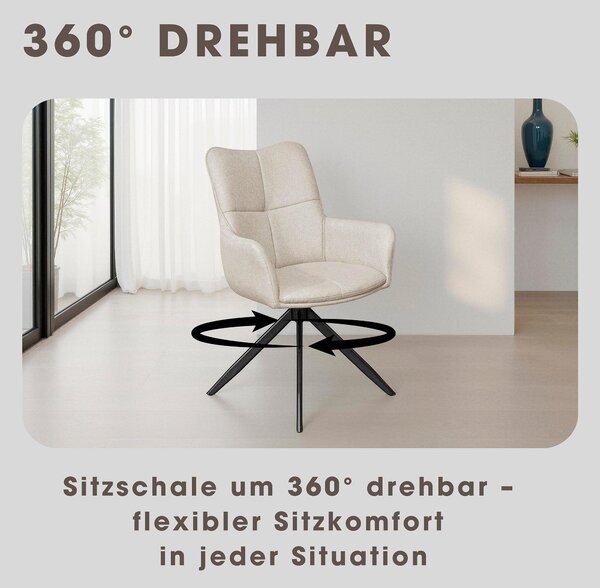 Jídelní židle byLIVING, set 2 kusů, model HAMILTON, otočná o 360 stupňů, potah z tkaniny, barva taupe, kovová konstrukce, barva černá, kuchyňská židle s područkami, rozměry: šířka 57, výška 90, hloubka 63 cm