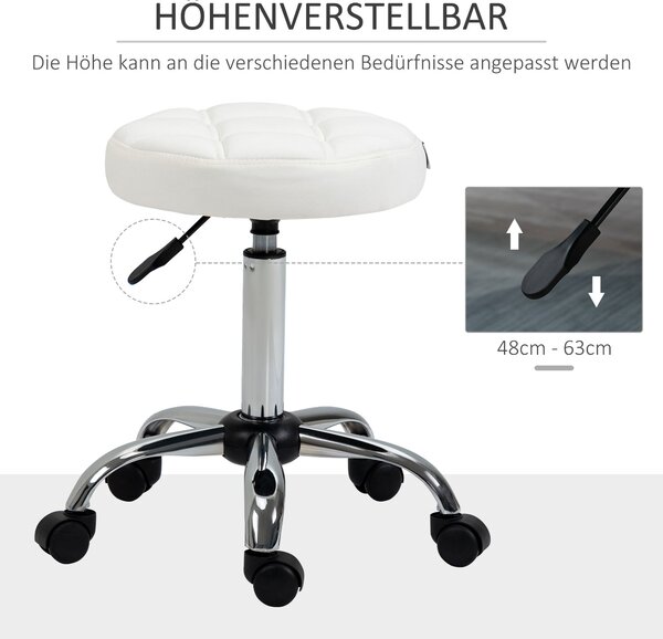 Vinsetto Rolling Stool - výškově nastavitelný pracovní stůl, otočný salónní stůl pro kancelář, masáže, umělá kůže, bílý Ø35,5 x 51-67 cm | Aosom