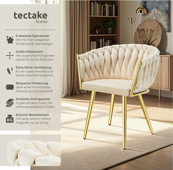 Tectake® Set jídelní židle Astano čalouněná, se sametovým potahem, pletený vzor 60,5 x 55 x 75 cm