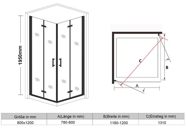 SONNI černý sprchový kout 80x120x195cm křídlové skládací dveře rohový sprchový kout 6mm NANO čiré sklo závěsné skládací dveře rohový vstup koupelna