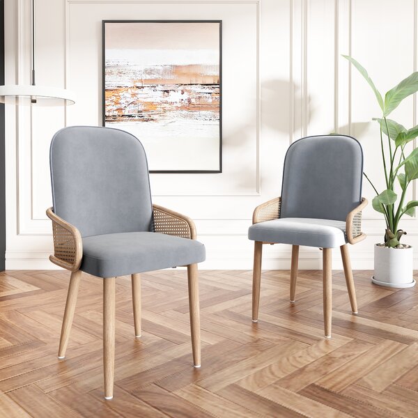 Sweiko sametová jídelní židle, sada 2 kusů, ratanový design, obývací pokoj, ložnice, se čtyřmi kovovými nohami (efekt dřeva), šedá barva