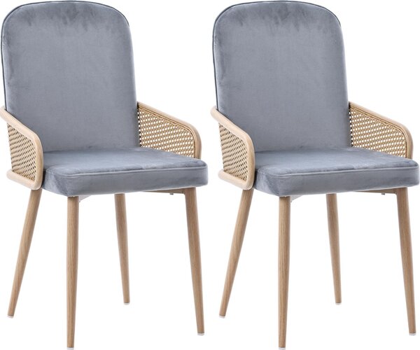 Sweiko sametová jídelní židle, sada 2 kusů, ratanový design, obývací pokoj, ložnice, se čtyřmi kovovými nohami (efekt dřeva), šedá barva