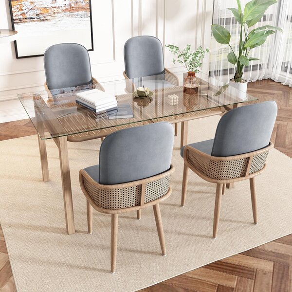 Sweiko sametová jídelní židle, sada 2 kusů, ratanový design, obývací pokoj, ložnice, se čtyřmi kovovými nohami (efekt dřeva), šedá barva