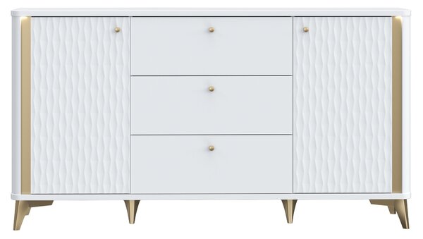 Komoda Casa Dolce WHITE HILL 232, bílá a zlatá, 160,5x41,5x87 cm, zaoblené rohy, 3 zásuvky, 2 skříňky s policemi