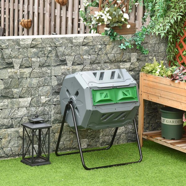 Outsunny Kompostér 160L, 71cm x 65cm x 96cm Rotující rychlý kompostér z plastu, termokompostér se 2 komorami pro bio a zahradní odpad, šedý | Aosom