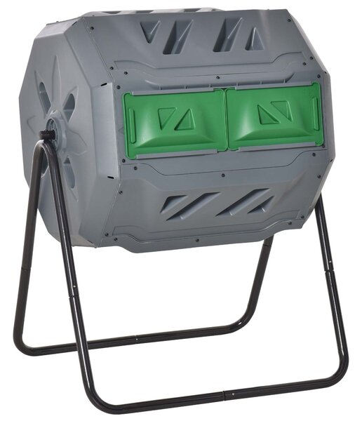 Outsunny Kompostér 160L, 71cm x 65cm x 96cm Rotující rychlý kompostér z plastu, termokompostér se 2 komorami pro bio a zahradní odpad, šedý | Aosom