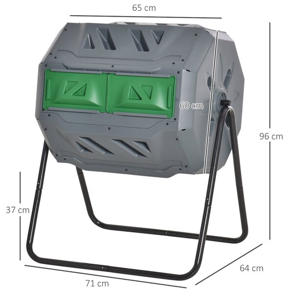 Outsunny Kompostér 160L, 71cm x 65cm x 96cm Rotující rychlý kompostér z plastu, termokompostér se 2 komorami pro bio a zahradní odpad, šedý | Aosom