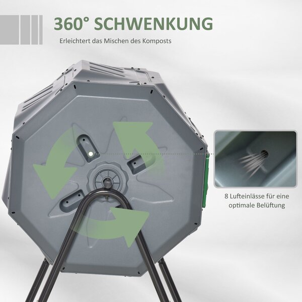 Outsunny Kompostér 160L, 71cm x 65cm x 96cm Rotující rychlý kompostér z plastu, termokompostér se 2 komorami pro bio a zahradní odpad, šedý | Aosom