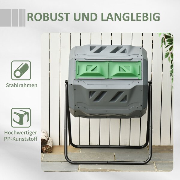 Outsunny Kompostér 160L, 71cm x 65cm x 96cm Rotující rychlý kompostér z plastu, termokompostér se 2 komorami pro bio a zahradní odpad, šedý | Aosom