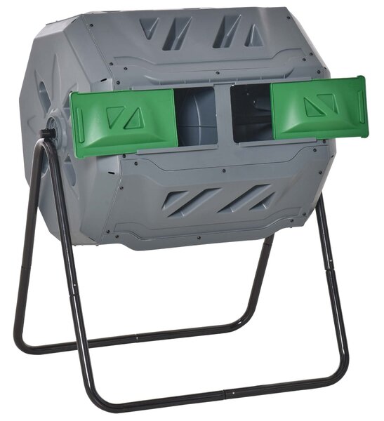 Outsunny Kompostér 160L, 71cm x 65cm x 96cm Rotující rychlý kompostér z plastu, termokompostér se 2 komorami pro bio a zahradní odpad, šedý | Aosom