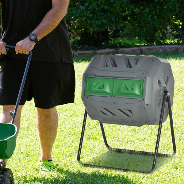 Outsunny Kompostér 160L, 71cm x 65cm x 96cm Rotující rychlý kompostér z plastu, termokompostér se 2 komorami pro bio a zahradní odpad, šedý | Aosom