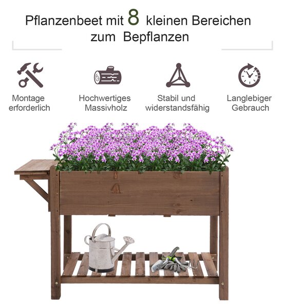 Vyvýšený záhon Outsunny s 8 dělenými sekcemi, skládacími policemi a květináčem, solidní dřevo, hnědý, 123 x 54 x 80 cm | Aosom