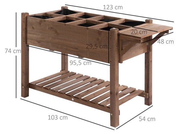Vyvýšený záhon Outsunny s 8 dělenými sekcemi, skládacími policemi a květináčem, solidní dřevo, hnědý, 123 x 54 x 80 cm | Aosom