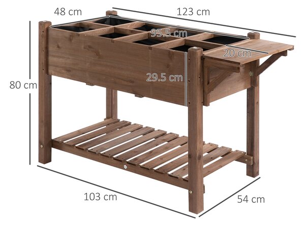 Vyvýšený záhon Outsunny s 8 dělenými sekcemi, skládacími policemi a květináčem, solidní dřevo, hnědý, 123 x 54 x 80 cm | Aosom