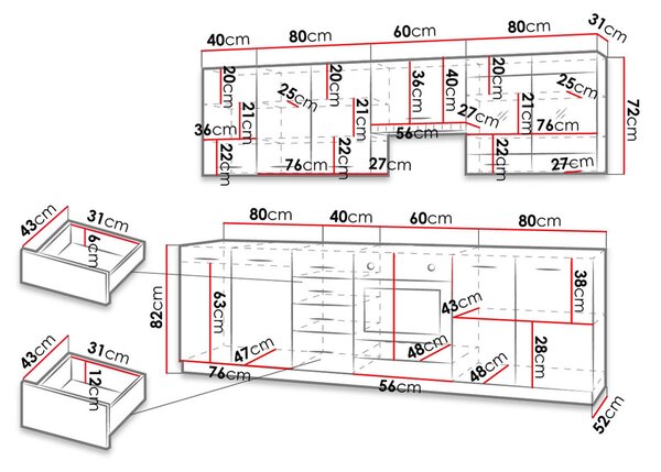 Kuchyňská linka 260/260 cm JING - dub ferrara / legno + LED, dřez a příborník ZDARMA