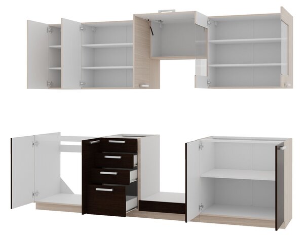 Kuchyňská linka 260/260 cm JING - dub ferrara / legno + LED, dřez a příborník ZDARMA