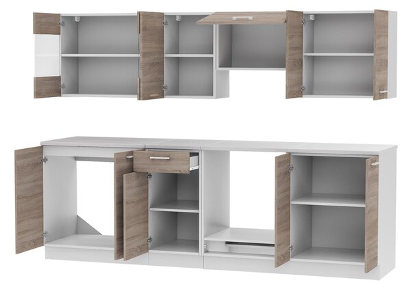 Kuchyně 240/240 cm LIAN 1 - dub lanýž / bílá + LED, dřez a příborník ZDARMA