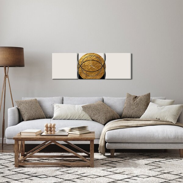 Obraz - Abstrakce zlatá a bílá N⁰2 (s hodinami) (90x30 cm)